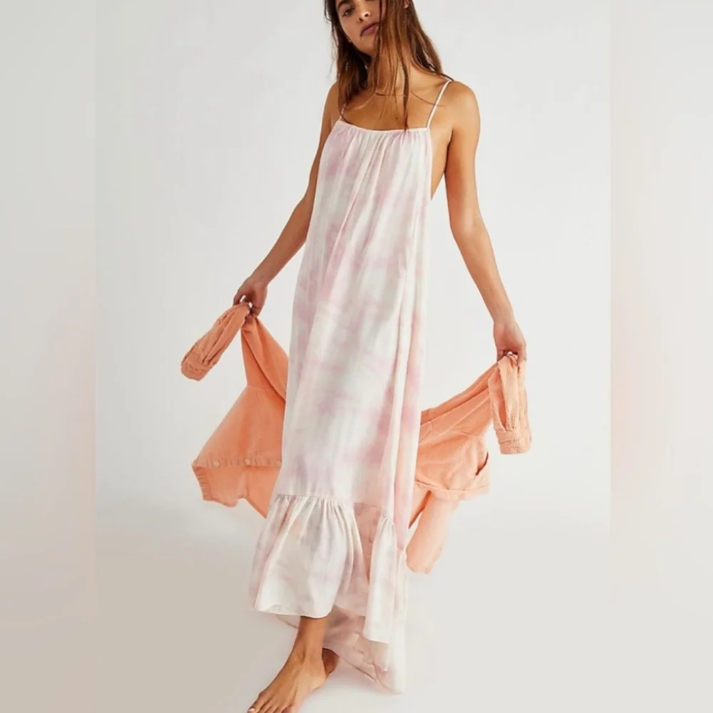 Free People Full On Maxi Slip Dress Flowy Relaxed Tiered Ruffle Hem Pink Sm NWT - Picture 9 of 16